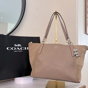 Coach Ava Tote in Suede Exotic Trim Taupe Leather‎ Tote Bag F36123